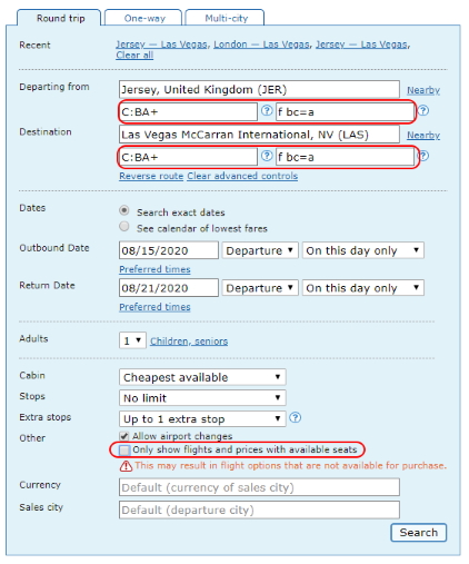 ITA Matrix Search Example